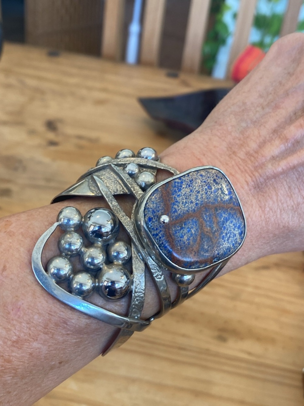 Statement Silver Cuff Bracelet with Blue-Brown agate Stone